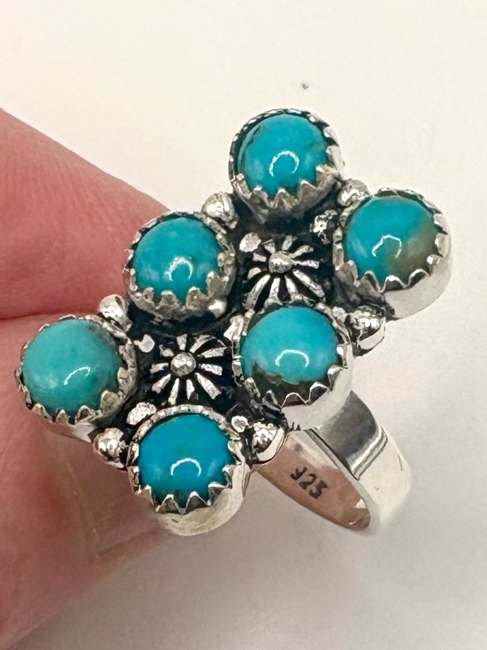 Artisan Kingman Turquoise Sterling Silver Cluster Ring Size 7.75